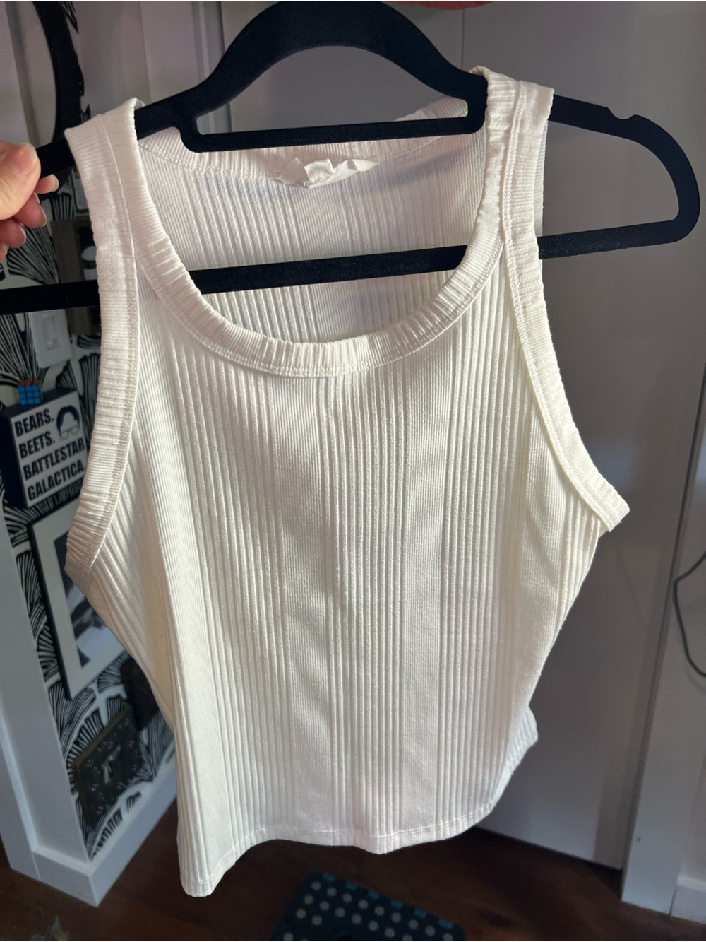 Pink Rose Ivory Ribbed Stretch Tank Top Large Scoop Neck